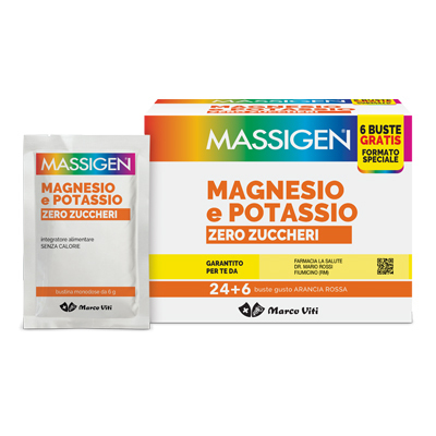MASSIGEN MAGNESIO POTASSIO ZERO ZUCCHERO 24 BUSTINE + 6 BUSTINE - farmasorriso.com