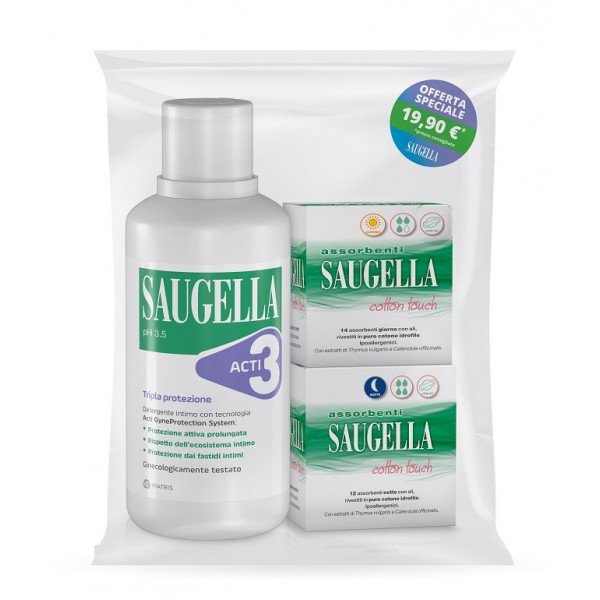 SAUGELLA ACTI3 DETERGENTE INTIMO + 2 SCATOLE ASSORBENTI GIORNO E NOTTE - farmasorriso.com