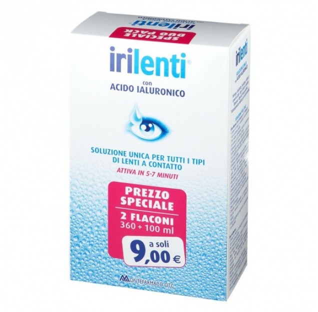 SOLUZIONE UNICA PER LENTI A CONTATTO IRILENTI CON ACIDO IALURONICO 2 FLACONI DA 360 ML + 360 ML - farmasorriso.com