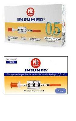 SIRINGA PER INSULINA PIC INSUMED 0,5 ML 100 UI AGO GAUGE 30 LUNGHEZZA 8 MM SENZA SPAZIO MORTO 3 SACCHETTI DA 10 PEZZI - farmasorriso.com