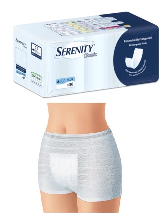 PANNOLONE PER INCONTINENZA FORMATO RETTANGOLARE CON BARRIERA SERENITY 30 PEZZI - farmasorriso.com