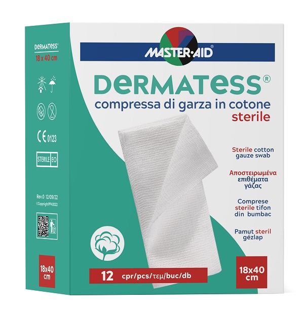 GARZA COMPRESSA MASTER-AID DERMATESS COTONE 18X40CM 12 PEZZI - farmasorriso.com