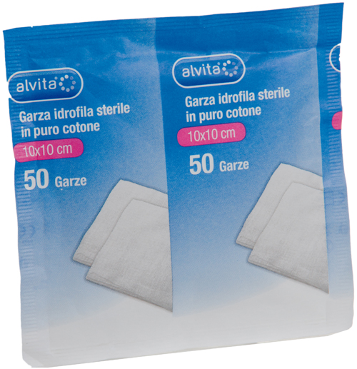 GARZA IDROFILA IN PURO COTONE ALVITA 10X10CM 50 PEZZI - farmasorriso.com