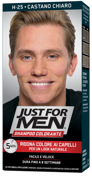 JUST FOR MEN SHAMPOO COLORANTE H25 CASTANO CHIARO ATTIVATORE CHIARO 38,5 ML + BASE COLORE 27,5 ML - farmasorriso.com