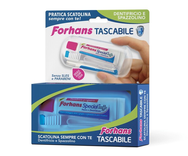 FORHANS TRAVEL KIT TASCABILE COMPOSTO DA SPAZZOLINO DA VIAGGIO + FORHANS SPECIAL PASTA DENTIFRICIA TUBETTO 12,5 ML - farmasorriso.com