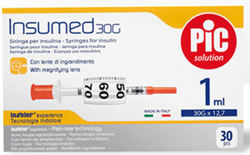 SIRINGA INSULINA PIC INSUMED 1 ML 100 UI AGO GAUGE 30 12,7 MM SENZA SPAZIO MORTO 30 PEZZI - farmasorriso.com