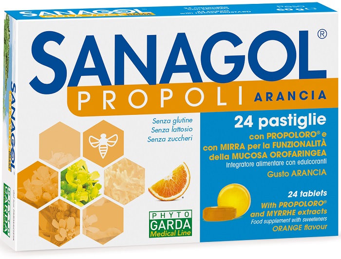 SANAGOL PROPOLI SENZA ZUCCHERO ARANCIA 24 CARAMELLE - farmasorriso.com