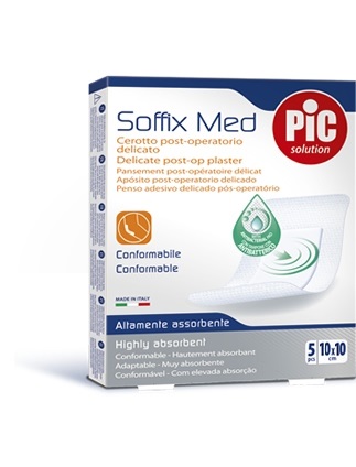 CEROTTO PIC SOFFIX MED IN TNT CON TAMPONE CENTRALE ASSORBENTE STERILE MONOUSO 10X10 CM ANTIBATTERICO 5 PEZZI - farmasorriso.com