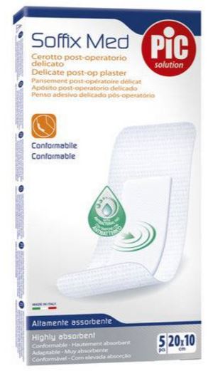 CEROTTO PIC SOFFIX MED IN TNT CON TAMPONE CENTRALE ASSORBENTE STERILE MONOUSO 10X20 CM ANTIBATTERICO 5 PEZZI - farmasorriso.com