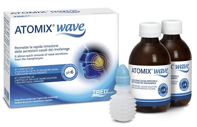 ATOMIX WAVE DISPOSITIVO PER IGIENE RINOFARINGEA ATOMIX SOLUZIONE SALINA 250 ML 2 PEZZI + TERMINALE NASALE + EROGATORE A SOFFIETTO - farmasorriso.com