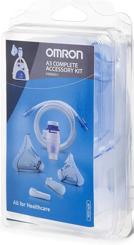 OMRON A3 COMPLETE KIT RICAMBIO AMPOLLA REGOLABILE + TUBO + MASCHERINA PEDIATRICA + MASCHERINA ADULTI + FORCELLE NASALI + BOCCAGLIO - farmasorriso.com
