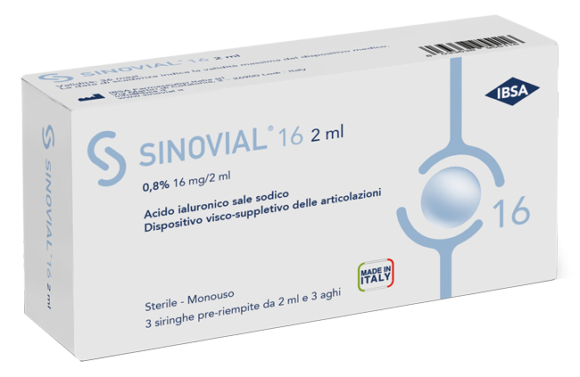 SIRINGA INTRA-ARTICOLARE SINOVIAL 16 ACIDO IALURONICO SALE SODICO 0,8% 16MG/2ML 3 SIRINGHE X 2ML + 3 AGHI - farmasorriso.com