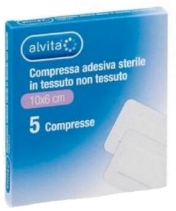 ALVITA GARZA COMPRESSA ADESIVA STERILE IN TESSUTO NON TESSUTO ESTENSIBILE BIANCO 10X6CM 5 PEZZI - farmasorriso.com