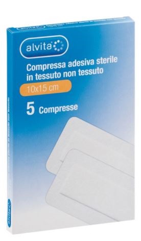 ALVITA GARZA COMPRESSA ADESIVA STERILE IN TESSUTO NON TESSUTO ESTENSIBILE BIANCO 10X15CM 5 PEZZI - farmasorriso.com