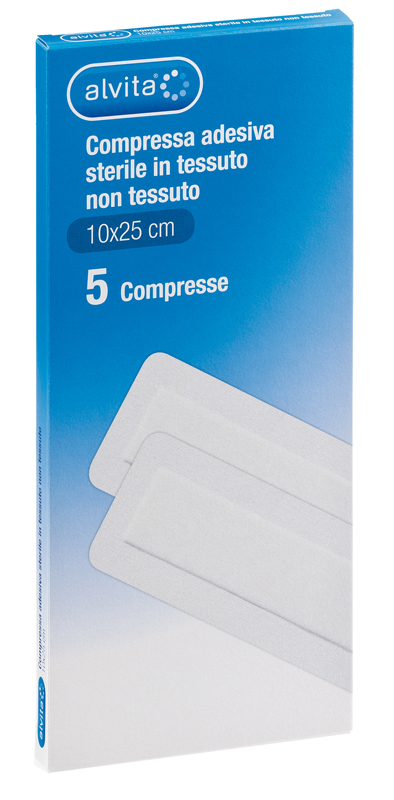 ALVITA GARZA COMPRESSA AUTOADESIVA IN TNT 10X25CM 5 PEZZI - farmasorriso.com
