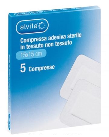 ALVITA GARZA COMPRESSA ADESIVA STERILE IN TESSUTO NON TESSUTO ESTENSIBILE BIANCO 15X15CM 5 PEZZI - farmasorriso.com