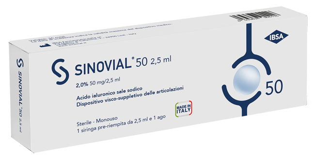 SIRINGA INTRA-ARTICOLARE SINOVIAL 50 ACIDO IALURONICO SALE SODICO 2% 50MG/2,5ML 2,5ML + AGO 21 GAUGE - farmasorriso.com