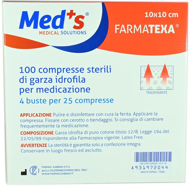 GARZA COMPRESSA IDROFILA MEDS FARMATEXA 2/8 10X10CM 100 PEZZI - farmasorriso.com