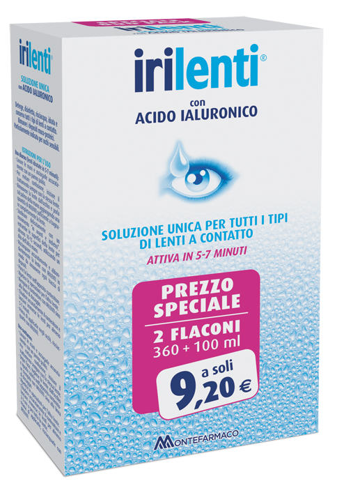 SOLUZIONE UNICA PER LENTI A CONTATTO IRILENTI CON ACIDO IALURONICO 2 FLACONI DA 360 ML + 100 ML - farmasorriso.com