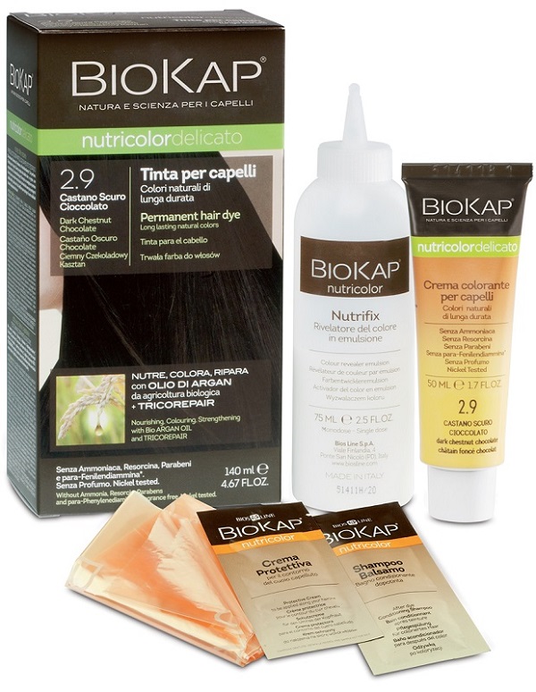BIOKAP NUTRICOLOR DELICATO 2,9 CASTANO SCURO CIOCCOLATO TINTA TUBO + FLACONE - farmasorriso.com