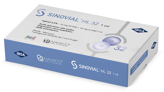 SIRINGA INTRA-ARTICOLARE SINOVIAL HL 32 ACIDO IALURONICO SALE SODICO 16MG H-HA + 16MG H-LA/1ML + AGO 22 GAUGE + AGO 29 GAUGE - farmasorriso.com