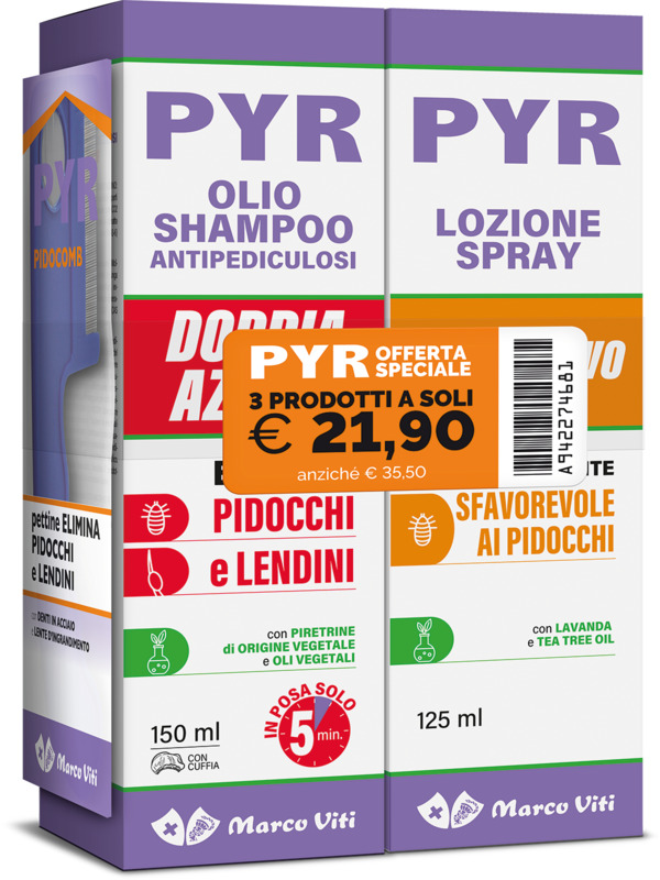PYR ABB OLIO SHAMPOO ANTIPEDICULOSI + 1 OLIO SHAMPOO DOPPIA AZIONE + 1 LOZIONE SPRAY + 1 PETTINE LENDINI - farmasorriso.com