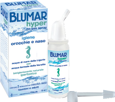 BLUMAR HYPER SPRAY NO GAS SOLUZIONE IPERTONICA DI ACQUA DI MARE E ACQUA TERMALE PER IGIENE NASO E ORECCHIO 50 ML - farmasorriso.com