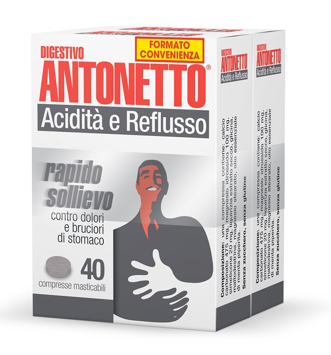 DIGESTIVO ANTONETTO ACIDITA' E REFLUSSO 80 COMPRESSE MASTICABILI 2 ASTUCCI DA 40 COMPRESSE - farmasorriso.com