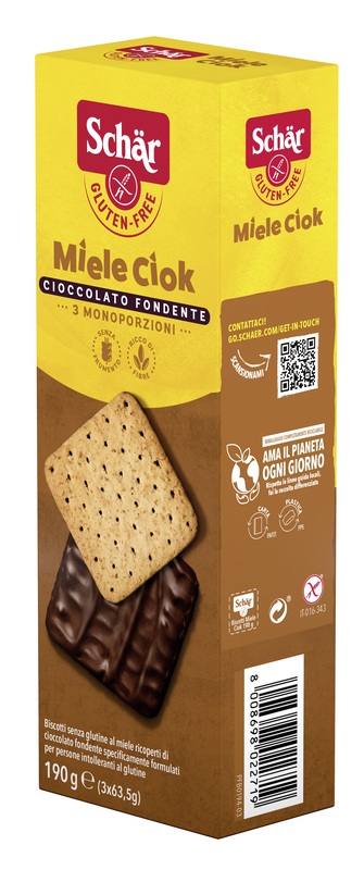 SCHAR MIELE CIOK BISCOTTI AL MIELE RICOPERTI DI CIOCCOLATO FONDENTE 3 PORZIONI DA 63,5 G - farmasorriso.com