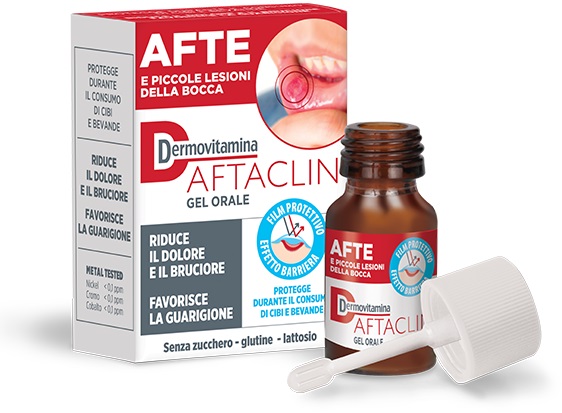 DERMOVITAMINA AFTACLIN GEL ORALE 7 ML CONTRO DOLORE E BRUCIONE SENZA ZUCCHERO E SENZA GLUTINE - farmasorriso.com