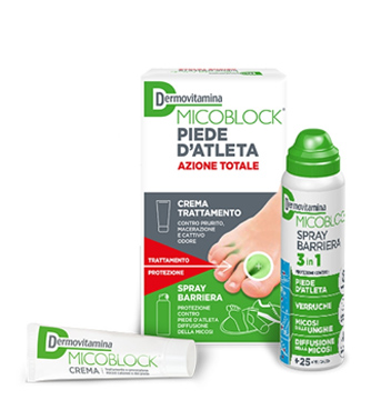 DERMOVITAMINA MICOBLOCK PIEDE D'ATLETA AZIONE TOTALE CREMA 30ML + SPRAY BARRIERA 3 IN 1 100 ML - farmasorriso.com