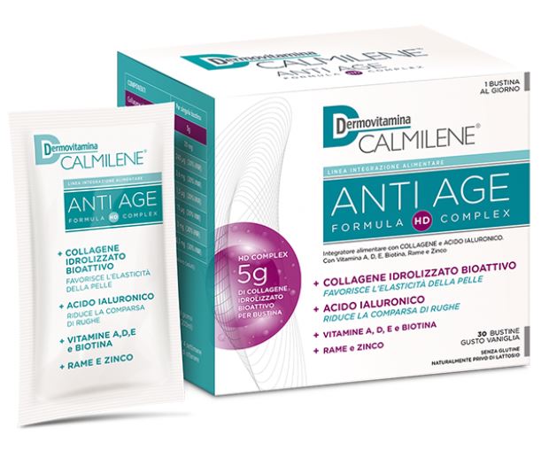 DERMOVITAMINA CALMILENE ANTIAGE IA A BASE DI COLLAGENE E ACIDO IALURONICO POLVERE 30 BUSTINE GUSTO VANIGLIA - farmasorriso.com
