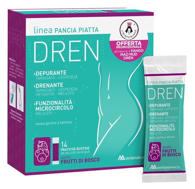 PANCIA PIATTA DREN FRUTTI DI BOSCO 14 BUSTINE STICK PACK + FANGO ATTIVO CELLULITE 100 ML OMAGGIO - farmasorriso.com