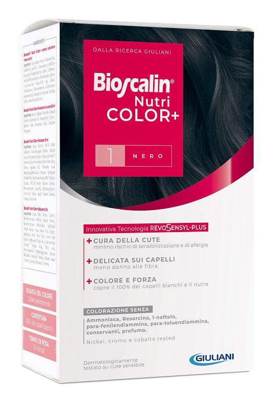 BIOSCALIN NUTRICOLOR PLUS 1 NERO CREMA COLORANTE 40 ML + RIVELATORE CREMA 60 ML + SHAMPOO 12 ML + TRATTAMENTO FINALE BALSAMO 12 ML - farmasorriso.com