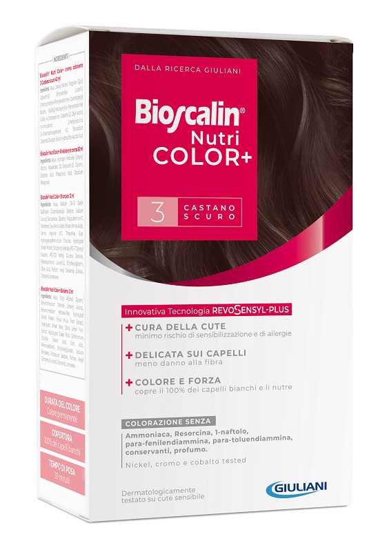 BIOSCALIN NUTRICOLOR PLUS 3 CASTANO SCURO CREMA COLORANTE 40 ML + RIVELATORE CREMA 60 ML + SHAMPOO 12 ML + TRATTAMENTO FINALE BALSAMO 12 ML - farmasorriso.com