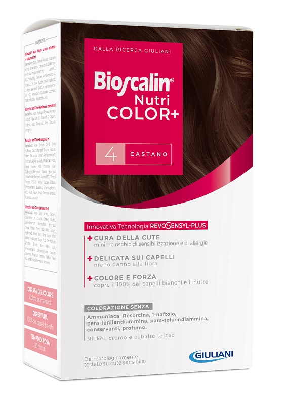BIOSCALIN NUTRICOLOR PLUS 4 CASTANO CREMA COLORANTE 40 ML + RIVELATORE CREMA 60 ML + SHAMPOO 12 ML + TRATTAMENTO FINALE BALSAMO 12 ML - farmasorriso.com