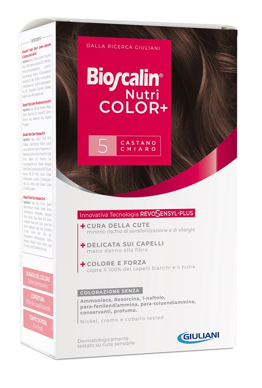 BIOSCALIN NUTRICOLOR PLUS 5 CASTANO CHIARO CREMA COLORANTE 40 ML + RIVELATORE CREMA 60 ML + SHAMPOO 12 ML + TRATTAMENTO FINALE BALSAMO 12 ML - farmasorriso.com