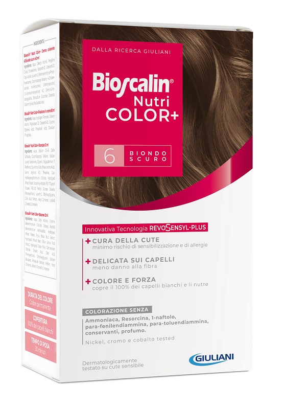 BIOSCALIN NUTRICOLOR PLUS 6 BIONDO SCURO CREMA COLORANTE 40 ML + RIVELATORE CREMA 60 ML + SHAMPOO 12 ML + TRATTAMENTO FINALE BALSAMO 12 ML - farmasorriso.com