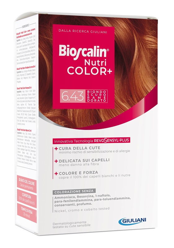 BIOSCALIN NUTRICOLOR PLUS 6,43 BIONDO SCURO RAME DORATO CREMA COLORANTE 40 ML + RIVELATORE CREMA 60 ML + SHAMPOO 12 ML + TRATTAMENTO FINALE BALSAMO 12 ML - farmasorriso.com