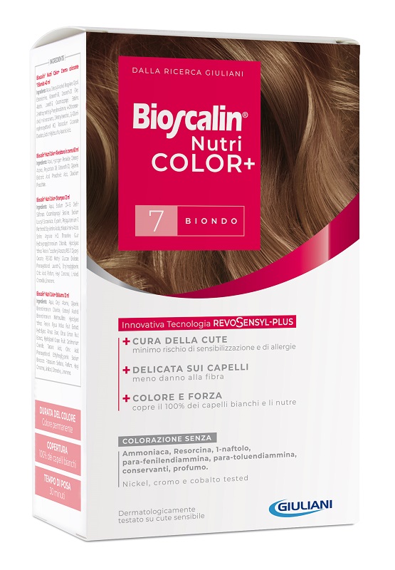 BIOSCALIN NUTRICOLOR PLUS 7 BIONDO CREMA COLORANTE 40 ML + RIVELATORE CREMA 60 ML + SHAMPOO 12 ML + TRATTAMENTO FINALE BALSAMO 12 ML - farmasorriso.com