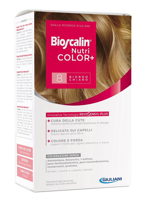 BIOSCALIN NUTRICOLOR PLUS 8 BIONDO CHIARO CREMA COLORANTE 40 ML + RIVELATORE CREMA 60 ML + SHAMPOO 12 ML + TRATTAMENTO FINALE BALSAMO 12 ML - farmasorriso.com