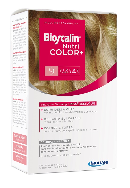 BIOSCALIN NUTRICOLOR PLUS 9 BIONDO CHIARISSIMO CREMA COLORANTE 40 ML + RIVELATORE CREMA 60 ML + SHAMPOO 12 ML + TRATTAMENTO FINALE BALSAMO 12 ML - farmasorriso.com