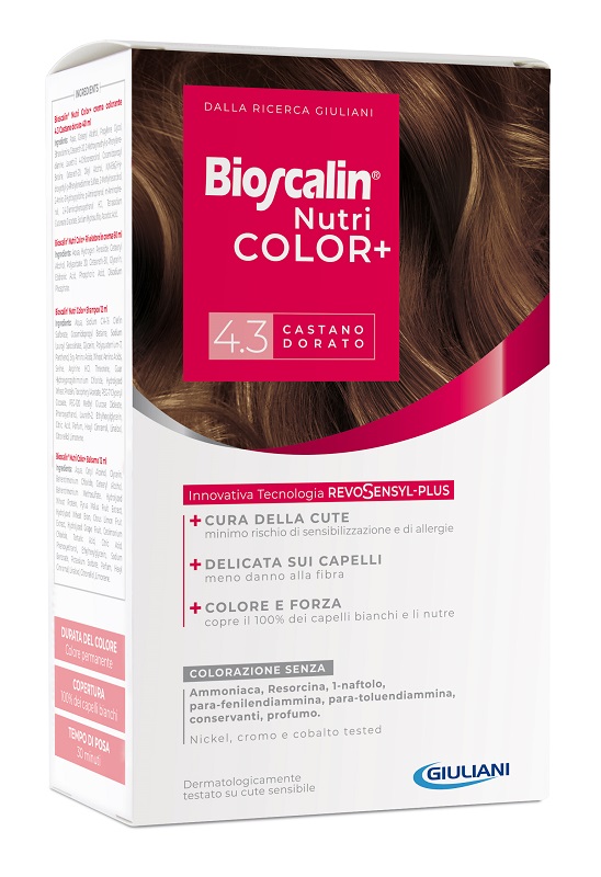 BIOSCALIN NUTRICOLOR PLUS 4,3 CASTANO DORATO CREMA COLORANTE 40 ML + RIVELATORE CREMA 60 ML + SHAMPOO 12 ML + TRATTAMENTO FINALE BALSAMO 12 ML - farmasorriso.com