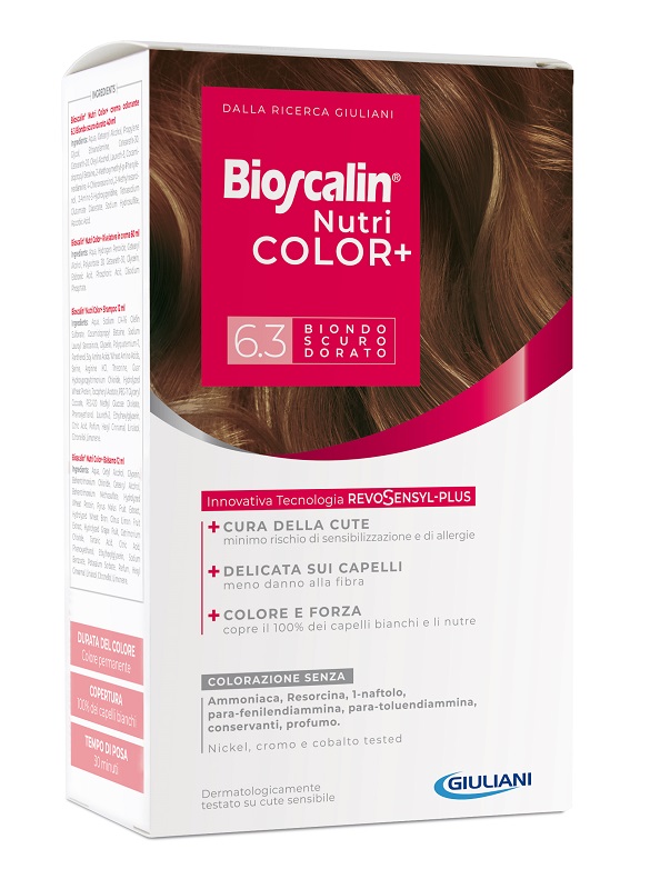 BIOSCALIN NUTRICOLOR PLUS 6,3 BIONDO SCURO DORATO CREMA COLORANTE 40 ML + RIVELATORE CREMA 60 ML + SHAMPOO 12 ML + TRATTAMENTO FINALE BALSAMO 12 ML - farmasorriso.com