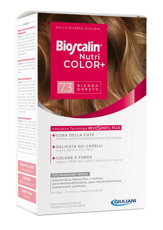 BIOSCALIN NUTRICOLOR PLUS 7,3 BIONDO DORATO CREMA COLORANTE 40 ML + RIVELATORE CREMA 60 ML + SHAMPOO 12 ML + TRATTAMENTO FINALE BALSAMO 12 ML - farmasorriso.com