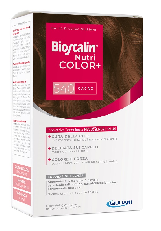 BIOSCALIN NUTRICOLOR PLUS 5,40 CACAO CREMA COLORANTE 40 ML + RIVELATORE CREMA 60 ML + SHAMPOO 12 ML + TRATTAMENTO FINALE BALSAMO 12 ML - farmasorriso.com