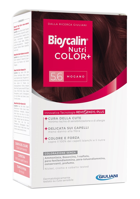 BIOSCALIN NUTRICOLOR PLUS 5,6 MOGANO CREMA COLORANTE 40 ML + RIVELATORE CREMA 60 ML + SHAMPOO 12 ML + TRATTAMENTO FINALE BALSAMO 12 ML - farmasorriso.com