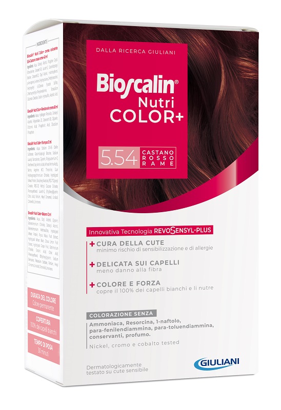BIOSCALIN NUTRICOLOR PLUS 5,54 CASTANO ROSSO RAME CREMA COLORANTE 40 ML + RIVELATORE CREMA 60 ML + SHAMPOO 12 ML + TRATTAMENTO FINALE BALSAMO 12 ML - farmasorriso.com