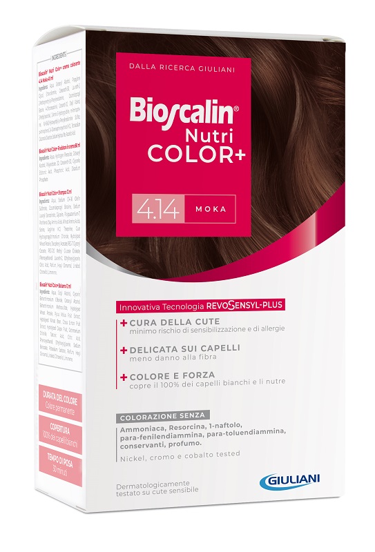 BIOSCALIN NUTRICOLOR PLUS 4,14 MOKA CREMA COLORANTE 40 ML + RIVELATORE CREMA 60 ML + SHAMPOO 12 ML + TRATTAMENTO FINALE BALSAMO 12 ML - farmasorriso.com