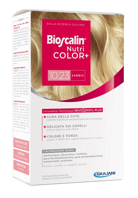 BIOSCALIN NUTRICOLOR PLUS 10,23 SABBIA CREMA COLORANTE 40 ML + RIVELATORE CREMA 60 ML + SHAMPOO 12 ML + TRATTAMENTO FINALE BALSAMO 12 ML - farmasorriso.com